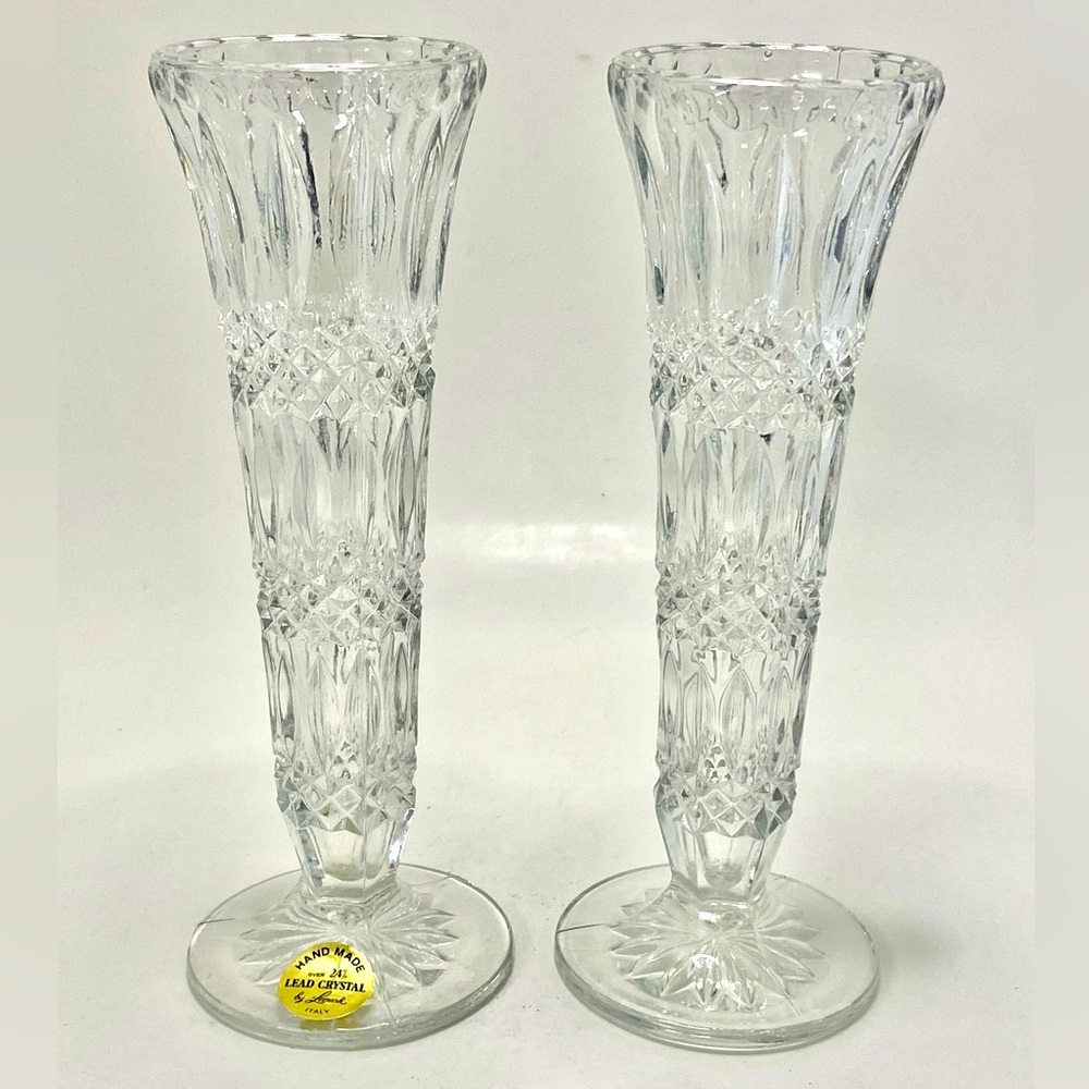 ✅ Set of 2 Vintage Lead Crystal Vases Hand Made by Leonard Made in Italy 8” High